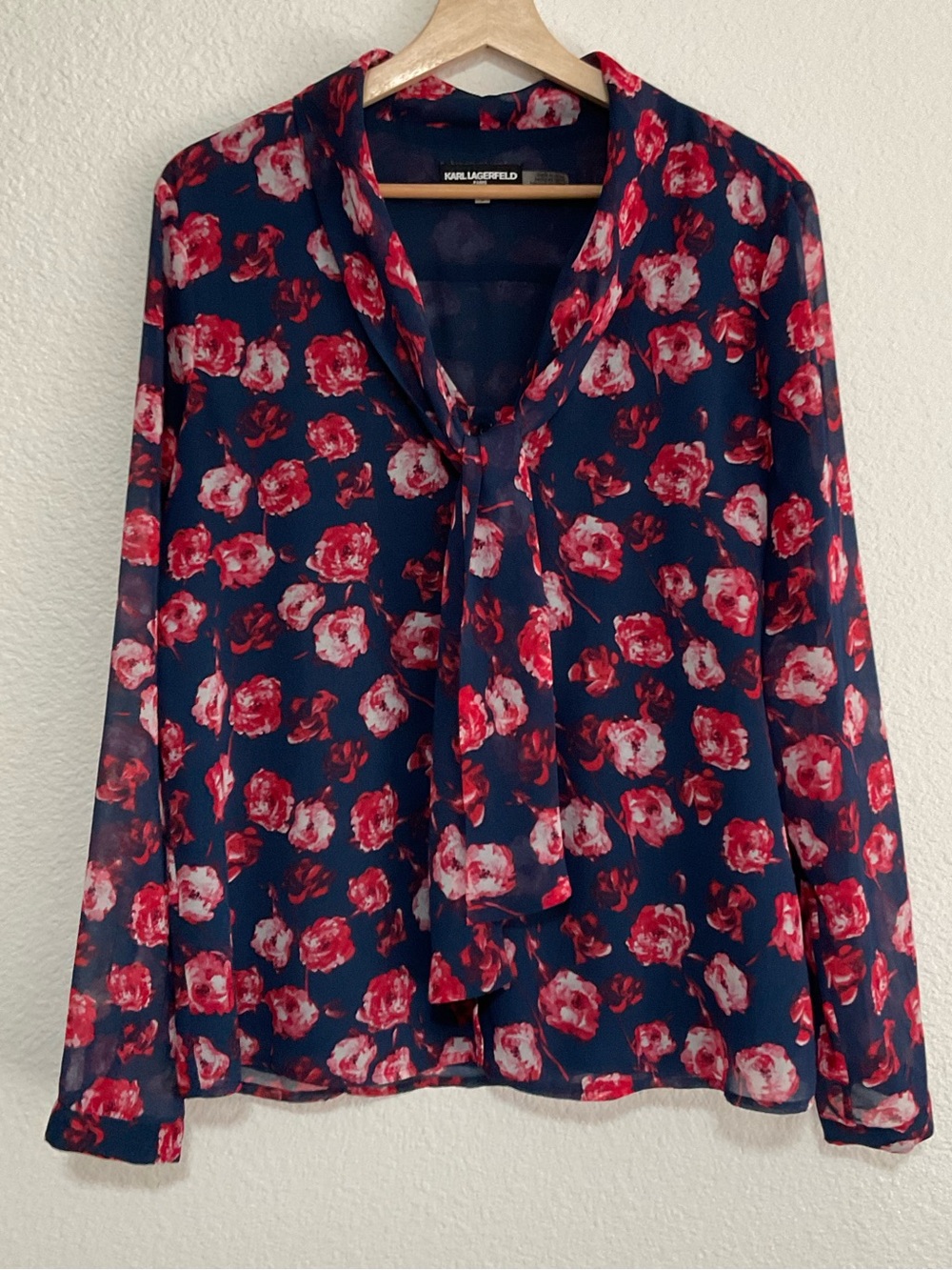 KARL LAGERFELD Womens Floral Bow Detail Top Size Large Navy Red Long Sleeve